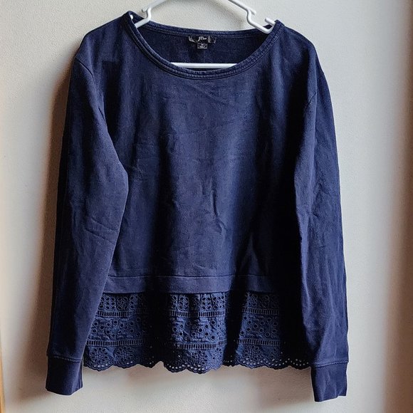 J. Crew Navy Eyelet Lace Trimmed Scoop Neck Sweatshirt Size Medium - Picture 4 of 12